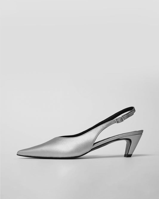 Kitten Heels Silver srebrne czółenka z odkrytą piętą