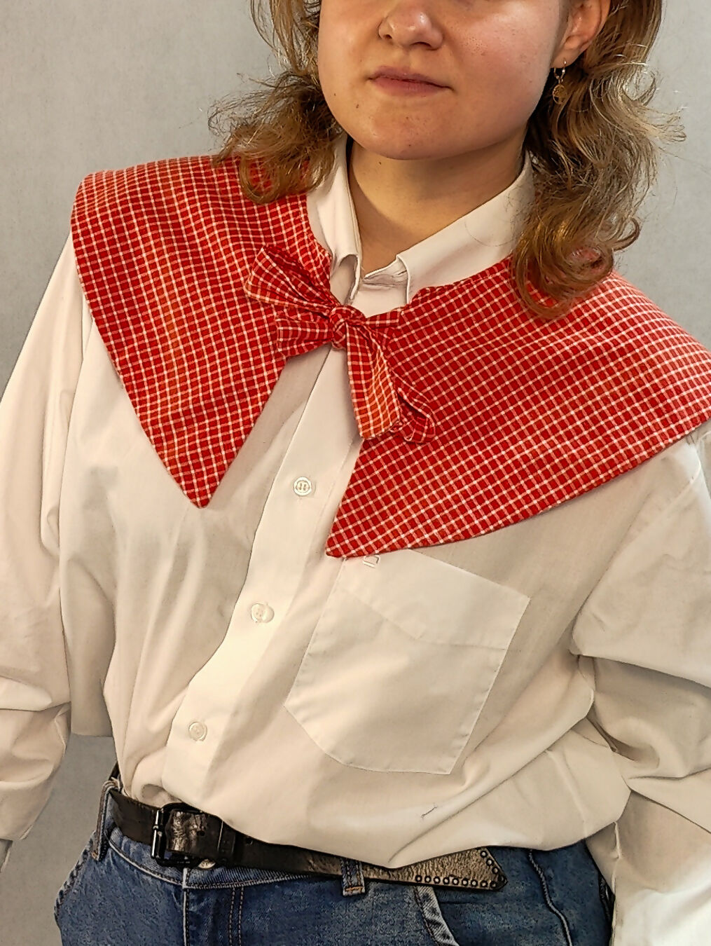 Duży kołnierz w czerwonobiałą krateczkę