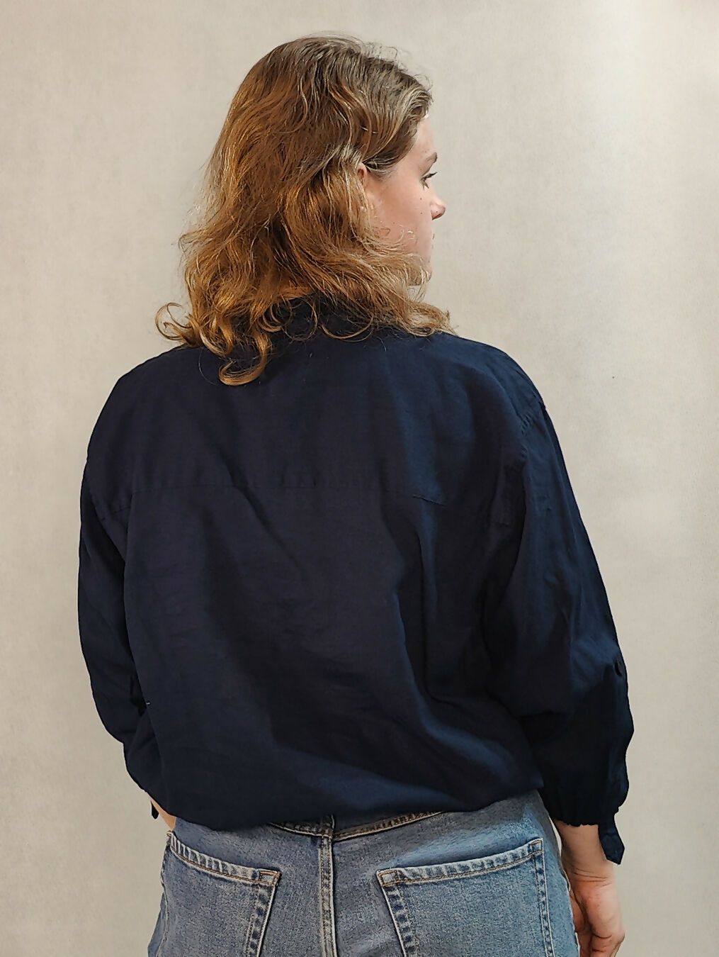 Bawełniano-lniana granatowa dłuższa koszula