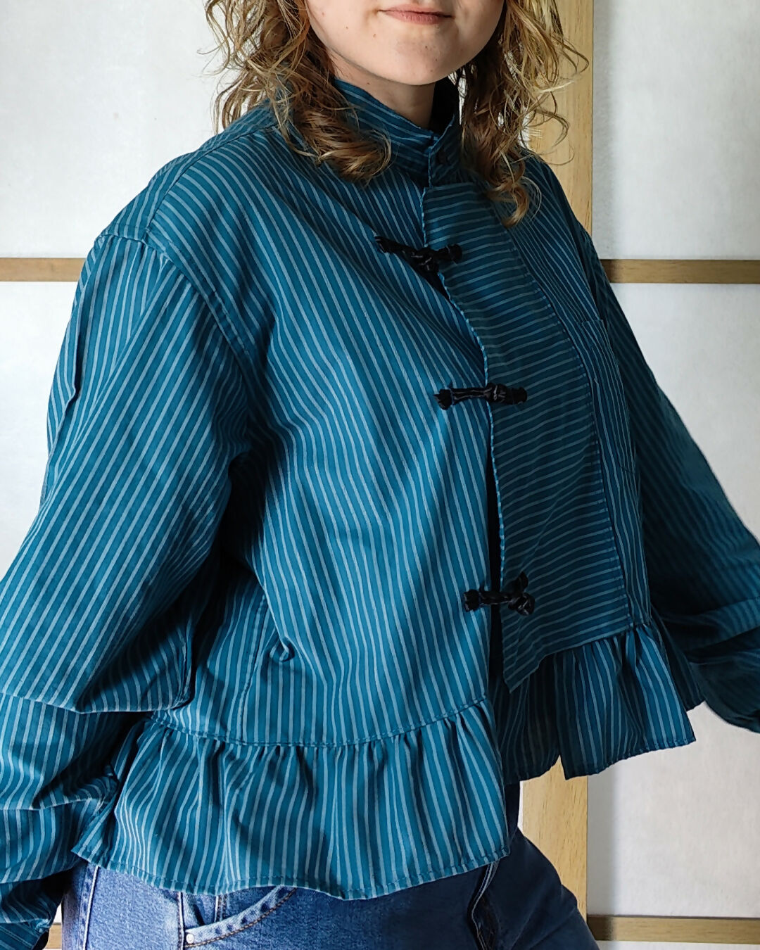 Ciemno-turkusowa koszula w paski Cheongsam Style